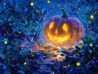 Eerie glowing pumpkin painting, perfect for Halloween spooky season vibes and festive autumn celebrations