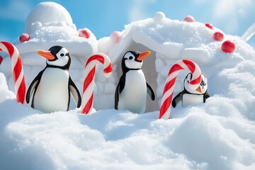 Penguin family building a snow fort with candy canes and snowballs 