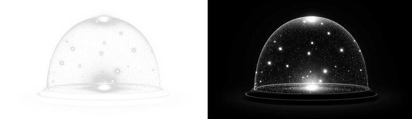 Fototapeta premium Abstract transparent PNG illustration of a magic glass dome with glowing particles. Isolated bell jar for fantasy, celebration, spiritual concepts, and energy visualization.