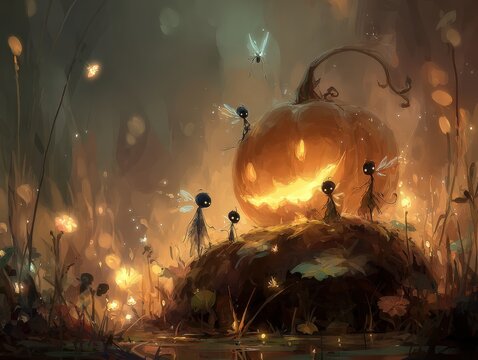 Enchanting Halloween night with mystical fairies gathered around a glowing jack o' lantern pumpkin