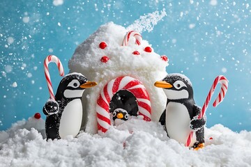 Penguin family building a snow fort with candy canes and snowballs 