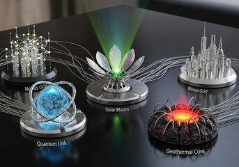 A conceptual illustration of five advanced technological systems including Neural Net, Quantum Link, Solar Bloom, Silicon Grid, and Geothermal Core, interconnected by wires on a dark surface.