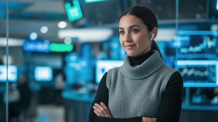 Young businesswoman with earbuds standing in trading office and smiling to male colleague - Powered by Adobe