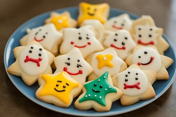 •	Plate of assorted cartoon cookies shaped like stars, snowmen, and Christmas trees with joyful expressions 
