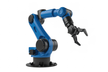 Blue industrial robotic arm with black gripper isolated on a transparent background