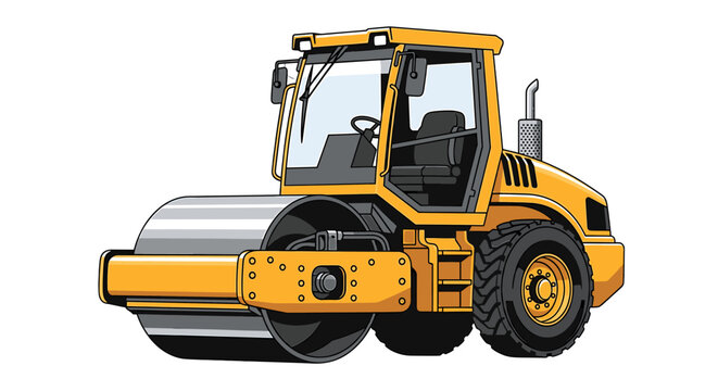 Yellow road roller machinery with a large metal drum and black tires against a white background.
