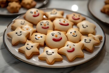 •	Plate of assorted cartoon cookies shaped like stars, snowmen, and Christmas trees with joyful expressions 