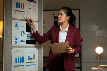 Asian businesswoman analyzing business data on charts board