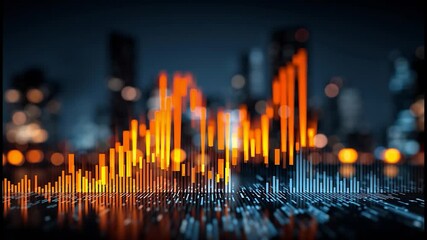 Abstract digital stock market chart with glowing candlestick bars over city skyline background, finance and data visualization concept - Powered by Adobe