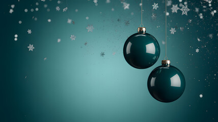 Teal christmas ornaments hang against a shimmering bluegreen background, with falling snowflakes and sparkling glitter, creating a festive winter holiday design