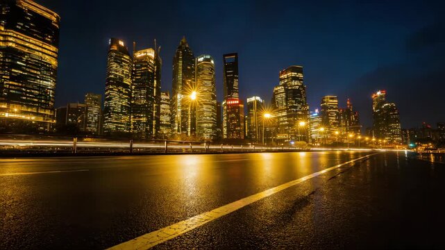A cityscape with tall modem buildings, a clear sky with some clouds, and an empty road in the foreground. The buildings are illuminated, suggesting it is either dusk or early evening