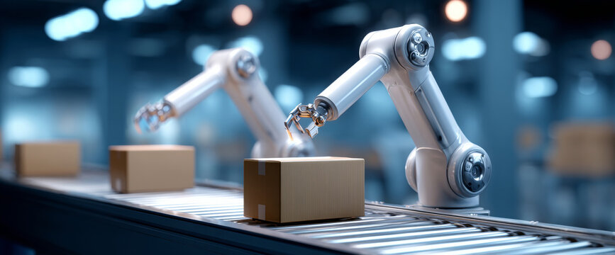 Automated robotic arms handling cardboard boxes on conveyor belt in modern industrial warehouse environment - Powered by Adobe