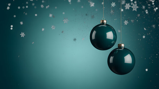 Teal christmas ornaments hang against a shimmering bluegreen background, with falling snowflakes and sparkling glitter, creating a festive winter holiday design - Powered by Adobe