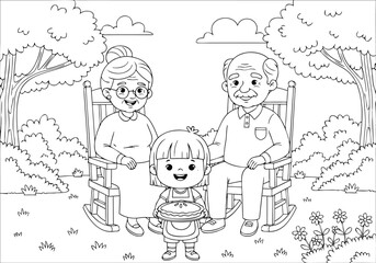 Delightful intergenerational family gathering Grandparents and child sharing a moment outdoors with a homemade pie