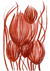 An expressive and abstract image of a group of stylized flowers or buds. The painting is done in watercolor on a white background. Around the buds, thin, long, wavy lines intertwine chaotically.