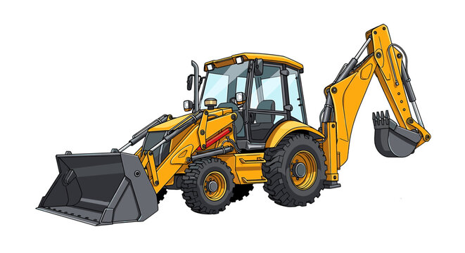 Yellow backhoe loader with front bucket and rear excavator arm, isolated on a white background.