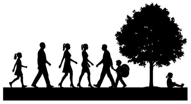Generational family journey silhouette a diverse group walking together towards life's future with natural growth