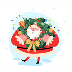 Vector illustration of Santa Claus walking through the snow with a New Year's wreath and garland around his neck.