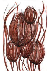 A stylized and expressive image of a group of flowers or buds. The drawing is executed in a mixed technique, combining watercolor washes and dense graphic hatching, on a white background. 