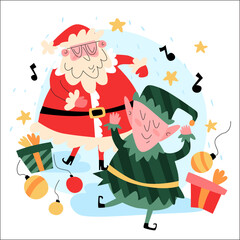 Vector illustration of Santa Claus dancing in the snow with his New Year's elf in a green suit