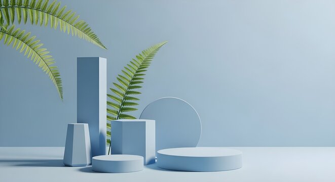Minimalist blue geometric pedestals with green fern leaves and soft lighting
