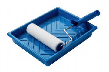 Blue paint tray with white foam roller and metal handle isolated on a transparent background 1