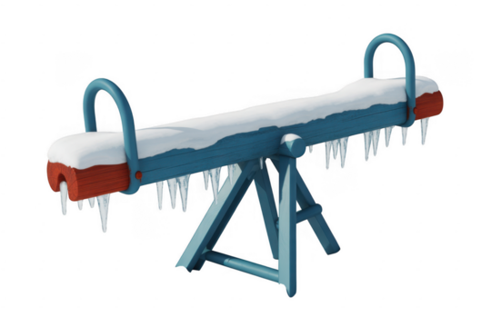 Blue wooden seesaw with snow and icicles isolated on a transparent background - Powered by Adobe