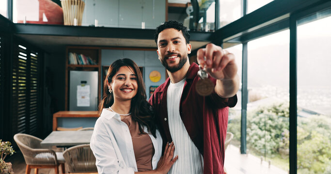Happy couple, portrait and new home with keys for property, investment or mortgage loan in building. Man, woman or homeowner with smile, access or house for moving in, real estate or shelter together