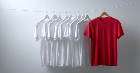 Red t-shirt hanging on a clothesline alongside multiple white t-shirts in a minimalist setting with soft lighting and neutral background