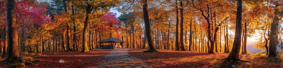 Fototapeta premium A scenic forest during fall season, path to a shelter, sun rays shining