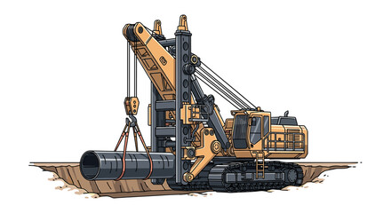 A heavy machinery excavator carefully lifting a large pipe section for placement.