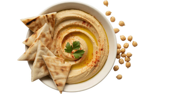 Bowl of creamy hummus with pita bread and chickpeas isolated on a transparent background