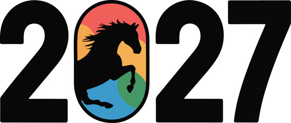 Year 2027 vector illustration with a leaping horse silhouette inside a vibrant oval zero symbol