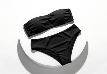 Elegant black bandeau bikini set against bright white backdrop showcases minimalist style for summer vacation vibes and beach days, perfect for fashion campaigns