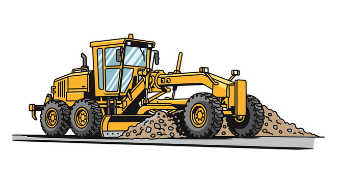 Yellow grader leveling gravel on a road, illustration.