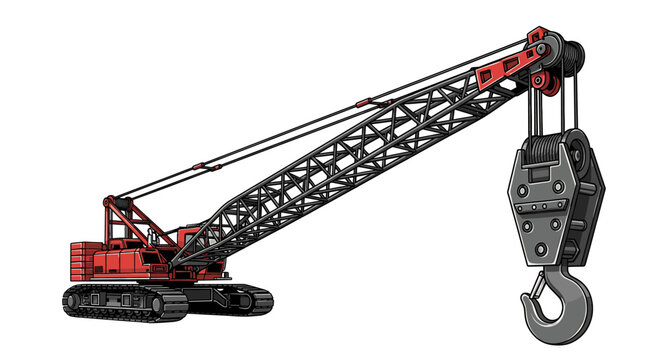 A red and black crawler crane with a lattice boom and a large hook, isolated on a white background.