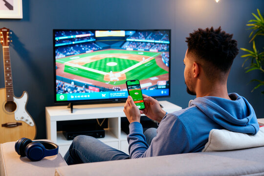 Young adult Black man sitting on sofa watching baseball game on television while holding smartphone, engaging with sports content in modern living room entertainment setting