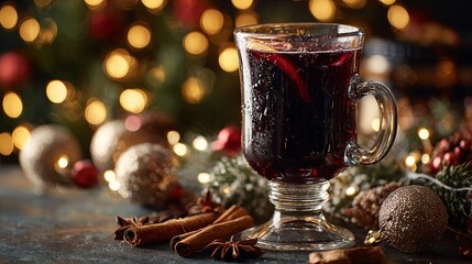 A glass of delicious bitter mulled wine on a New Year's background