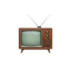 A vintage television set with rabbit ears antenna on a black background in a studio setting view on transparent background