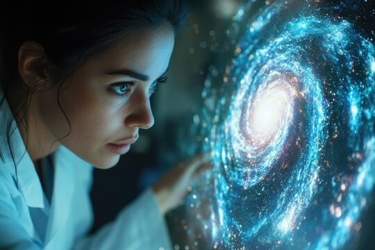 A focused scientist in a lab coat interacts with a luminous, swirling holographic galaxy projection, symbolizing exploration of cosmic data and advanced technology. - Powered by Adobe