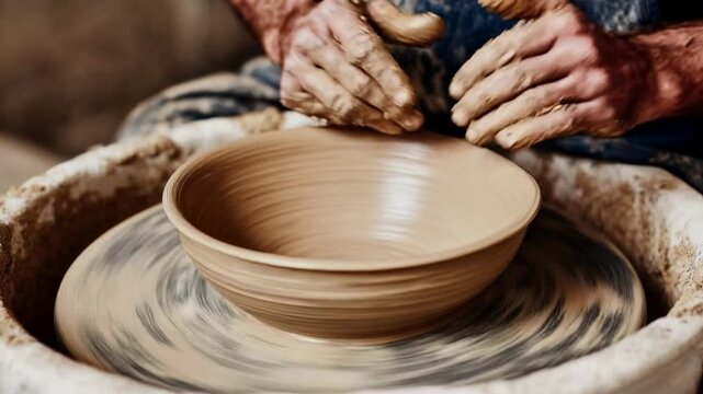 Potter hands shape a spinning clay bowl on a wheel capturing tactile craft tradition focus and slow handmade creativity ideal for artisan studio branding hobby tutorials and mindful lifestyle storytel