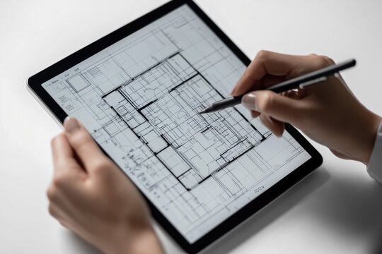 Close-up of hands designing a detailed building floor plan on a tablet with a stylus, showcasing modern architectural workflow and digital drafting.
