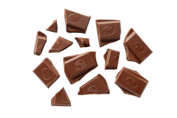 Broken milk chocolate pieces with embossed circular pattern isolated on a transparent background