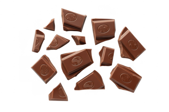 Broken milk chocolate pieces with embossed circular pattern isolated on a transparent background