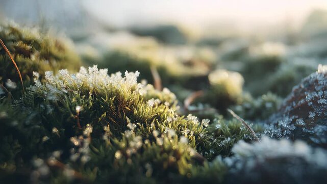 A close-up of frost-covered mountain moss and tiny ice crystals under early moming sun, shallow depth of field, dreamy cinematic mood