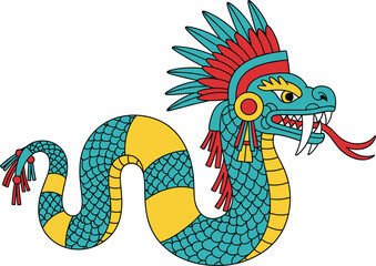 Aztec dragon vector illustration, feathered serpent art, tribal myth symbol, ancient culture pattern design, Mexican folklore character, colorful scales, decorative graphic isolated.