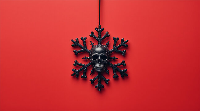 Gothic christmas ornament with a skull in the shape of a snowflake. Macabre holiday decoration made of bones hanging on a red background. Dark alternative winter celebration concept