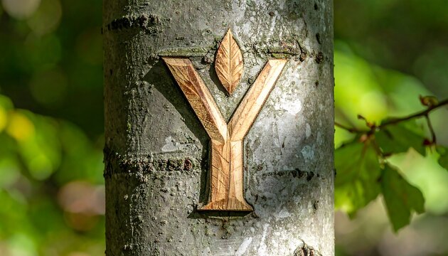 A carved "Y" with leaf detail on tree trunk, dappled sunlight, and green foliage background in a forest setting