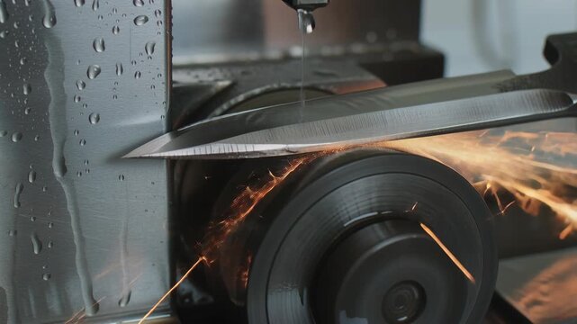 Close up of a metal knife sharpening process by a grinding wheel, with sparks flying and water droplets applying coolant