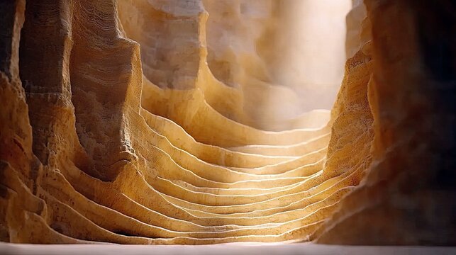 Abstract view of layered, eroded rock formations in a canyon with soft, diffused sunlight creating a warm and inviting atmosphere. - Powered by Adobe